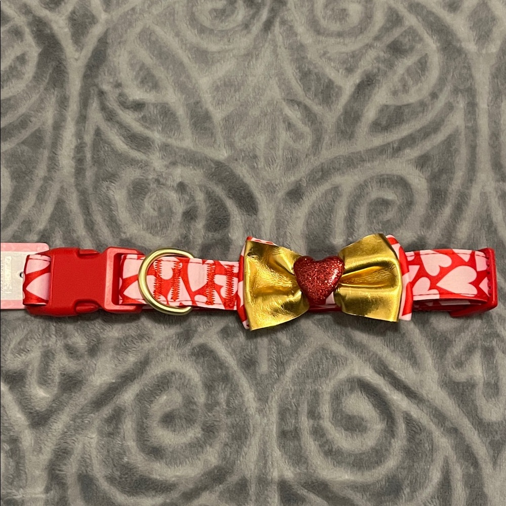 Dog Collar Red with Pink Hearts and Gold Embellished Bow by Top Paw NWT